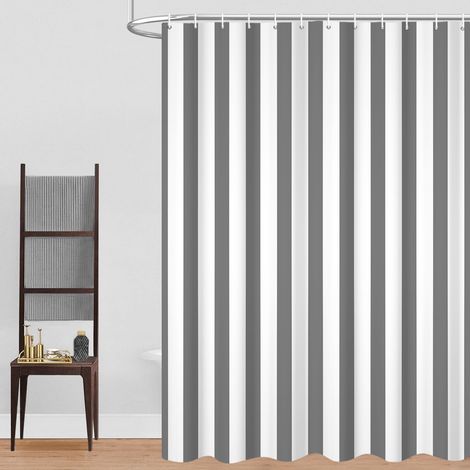 Rideau de Douche, 180x220cm, Gris et Blanc Minimalisme Moderne Rayures Verticales Tissu Pmperméable Machine Lavable Rideau de Salle de Bain avec Crochets (1/5)