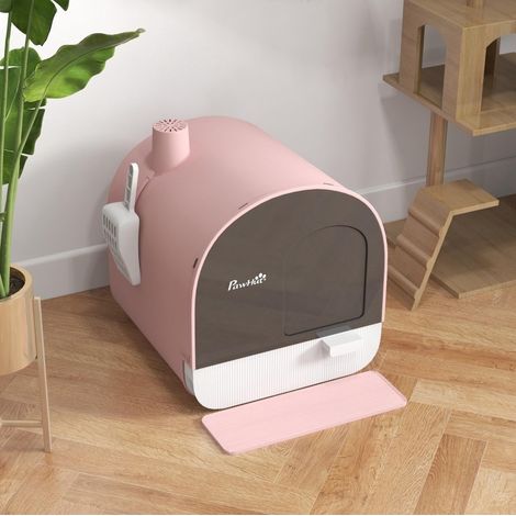 Arenero para gatos con tapa, pala y alfombrilla, plástico rosa/negro HAVRYA (1/5)
