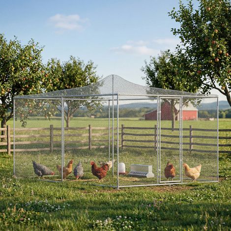 Gallinero para Exterior Grande 4x3x1,97 m 12 m² Gallinero de Acero Galvanizado con Puerta con Doble Cierre Plata
