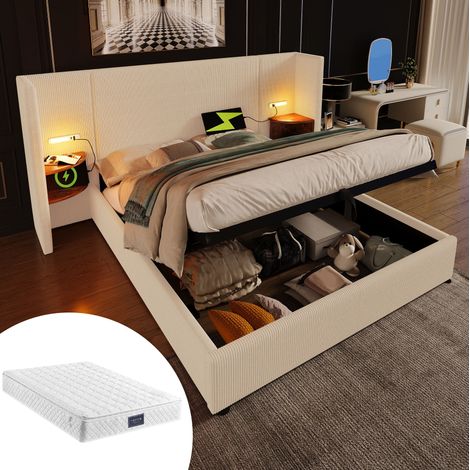 Cama doble canapé 160x200 cm de pana beige con colchón, ahorro de espacio – MEUBLIV (1/5)