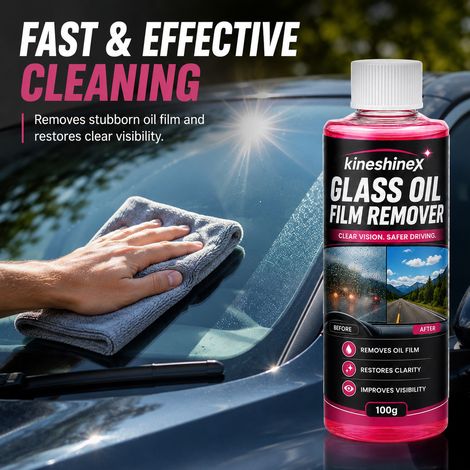 KineShineX Autoglasreiniger entfernt effektiv Ölfilme von Windschutzscheiben und Seitenscheiben und beseitigt Blendeffekte bei Regenwetter. (1/5)
