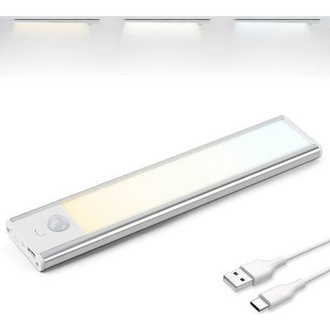 Éclairage LED pour meubles avec détecteur de mouvement, 20 cm, rechargeable USB-C, intensité réglable, fixation magnétique, 3 températures de couleur, sans fil, fonctionne sur piles, argent (1/5)
