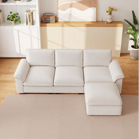 Sofá rinconera 260x154x86 cm beige en chenilla con otomana modular y 5 cojines (1/5)