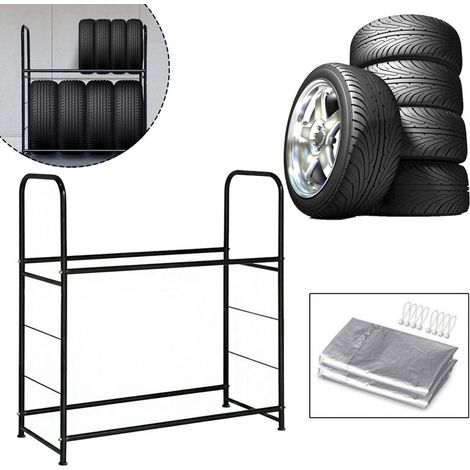 Etagère de pneu Étagère de rangement universelle pour 8 pneus En métal Pour charges lourdes 107x46x117cm 180kg Noir Avec housse protection HENGMEI-DOU