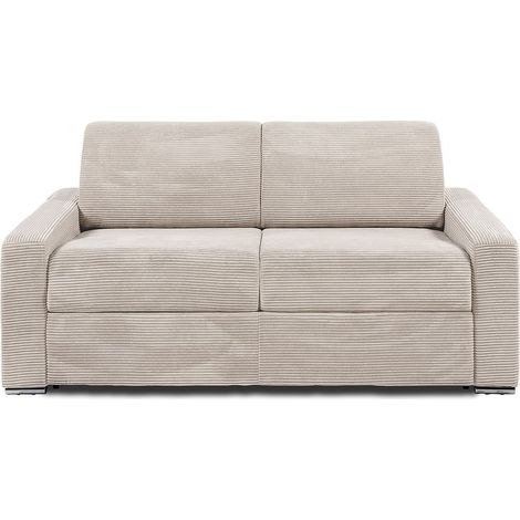 Canapé 3 places convertible express en velours côtelé beige - Couchage lattes larges 140 cm - Matelas 22 cm avec mémoire de forme CALITO (1/4)