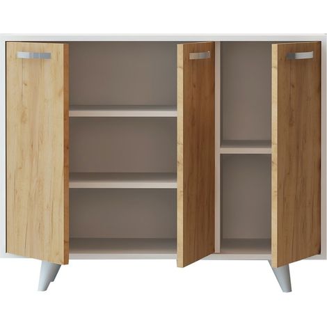 Petit buffet moderne blanc et chêne clair 3 portes Fabio 100cm (1/4)
