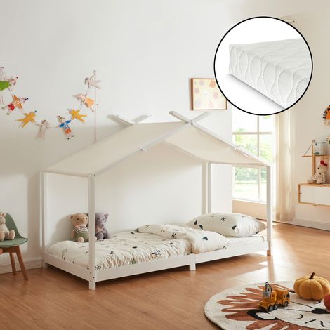 Cama para niños Brome Forma casita con colchón y techo pino 90x200cm - Blanco [en.casa]