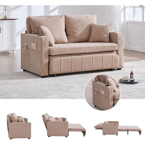 Canapé multifonctionnel en tissu, canapé pliant extensible, utilisable comme canapé ou lit, avec poches de rangement sur les accoudoirs, fonction de chargement USB et porte-gobelets (kaki, chenille)