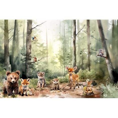 Kinderfototapete Wald Jungtiere Bär Wolf Fuchs Hase Otter M140 200x135 (1/5)