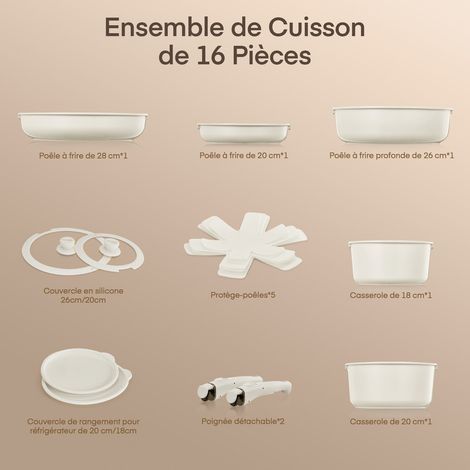 FOHERE Batterie de cuisine 16 pièces avec poignée amovible
