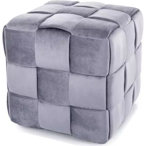 Pouf en velours gris effet tressé avec rembourrage doux et format carré ZENIA