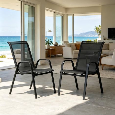 Set di 2 sedie da giardino impilabili con schienale ergonomico, braccioli, metallo e poliestere grigio scuro (1/5)