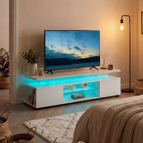 Meuble TV blanc jusqu'à 60 pouces avec éclairage LED multicolore et rangements OKMYHOME (1/5)
