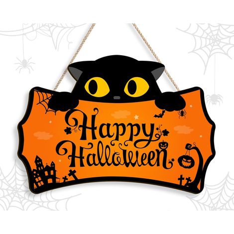 Cartello "Happy Halloween" per la porta d'ingresso, simpatica decorazione murale con gatto nero, decorazione per portico esterno (Happy Halloween - Gatto) (1/5)