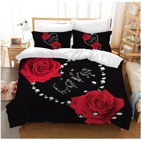 Parure de lit 3D Rouge Rose en Microfibre avec Housse de Couette et 2 taies d'oreiller en Microfibre pour Adultes 90x190 cm - DWP (1/4)