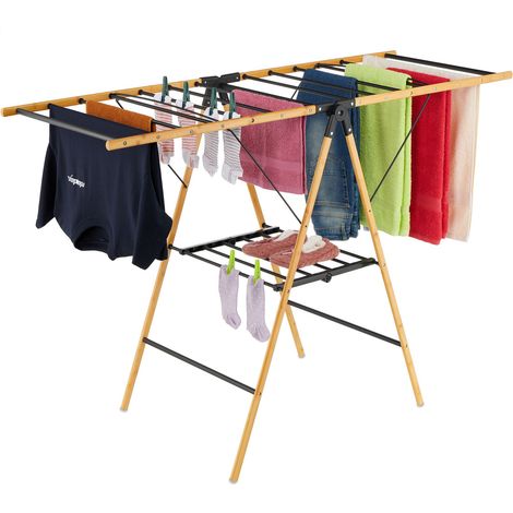 Relaxdays collapsible drying rack, 2 tiers, HWD: 100 x 148 x 56 cm, bamboo & metal, wing drying rack, natural/black