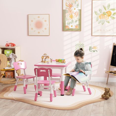 Ensemble table et chaises pour enfants 5 pièces avec 4 chaises réglables (32 x 36 x 52,5-56 cm) et une table (60 x 60 x 46-58 cm). Rose