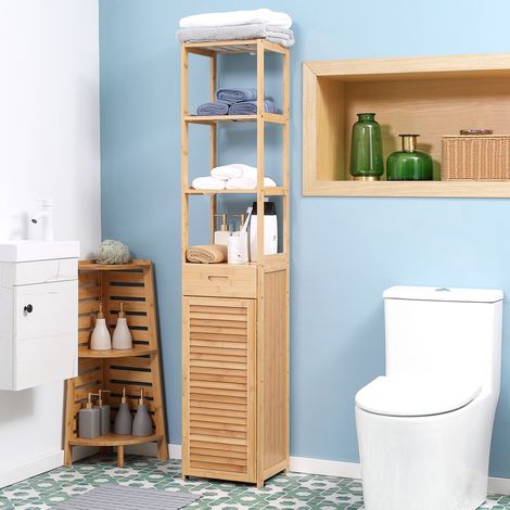 Mobile bagno in bambù stile naturale, color legno, 32 x 30 x 163 cm, con cassetto, anta e 3 ripiani aperti (1/5)