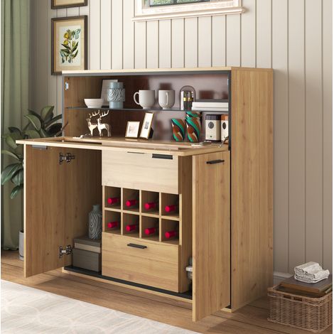 Buffet vin 110x38x111 cm en bois naturel et noir, avec rangement LED pour salle à manger FloraGrace (1/5)