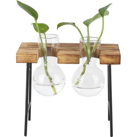 Petit tabouret en bois + vase en verre pour hydroponie, décoration de bureau style frais, deux bouteilles + tabouret, support transparent pour plantes comme lierre en salon. (1/5)