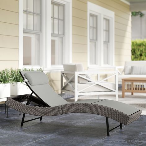 Chaise longue résine tressée bain de soleil dossier réglable 5 positions appui-tête 198x61x44cm gris