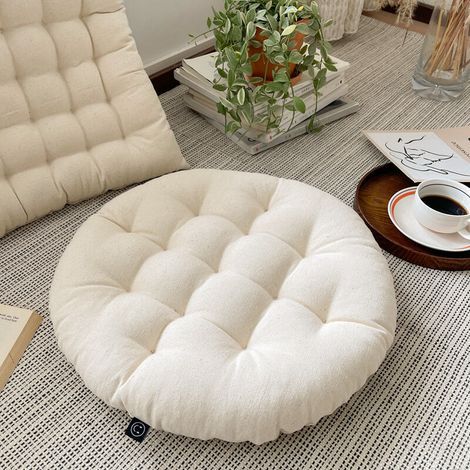 Cuscino per sedia (rotondo) elegante, 40x40 cm, in cotone, lavabile in lavatrice, color crema. (1/5)