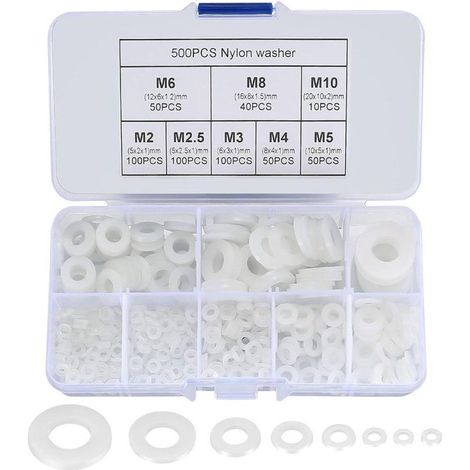 Pack de 500 rondelles plates en nylon – 8 tailles M2 à M10 – Isolation thermique et résistance à la corrosion – Boîte de rangement incluse