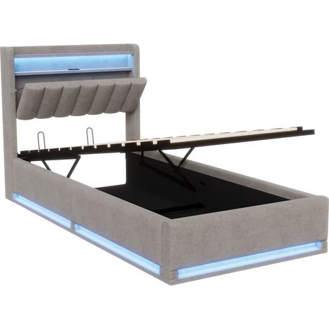 Eifson – Lit coffre 90x200 cm – Éclairage LED orientable – Chargement USB – Tête de lit rabattable avec rangement – Velours – Rangement hydraulique