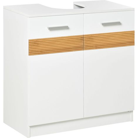 meuble de rangement pour salle de bain à deux portes avec étagères intérieures en bois massif dimensions : 60 x 30 x 60.5 centimètres de couleur blanche