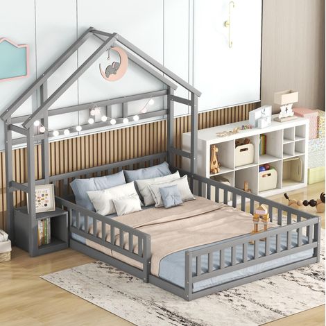 Bett Hausbett 140x200 mit Nachttisch Geländer Grau HAVRYA (1/5)