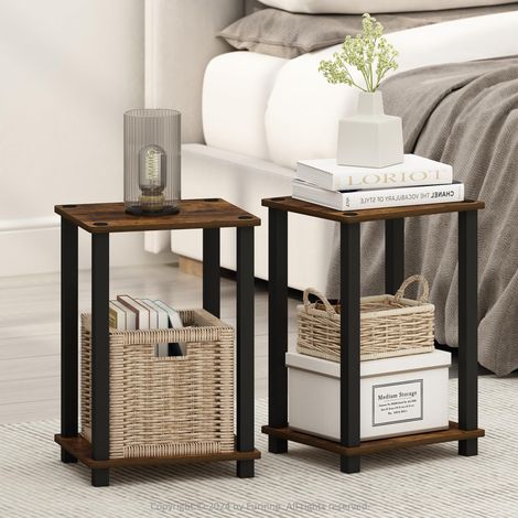 Ensemble de 2 Tables de Chevet, Petite Table de Chevet à 2 Niveaux avec étagère Ouverte, sans Outils, idéale pour la Chambre ou Le Salon, Couleur pin ambré. (1/5)
