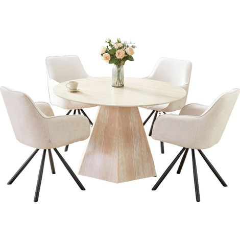 Table Repas Ronde SOLAL – Céramique & Pied Effet Travertin – Ø120x75 cm (1/4)