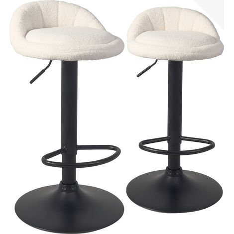 Ensemble de 2 tabourets de bar rembourrés en similicuir avec petit dossier, hauteur réglable et base pivotante à 360° chromée (blanc) (1/5)