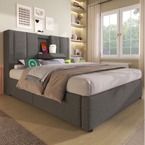 Polsterbett 90x200 cm mit Bettkasten, Kopfteil, USB und verstecktem Becherhalter, Grau (1/5)