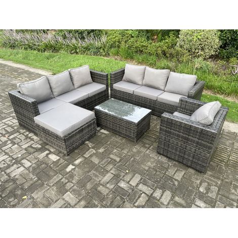 Fimous 8 places Salon de jardin en rotin avec Table basse Fauteuil grand tabouret Mélange gris foncé (1/5)