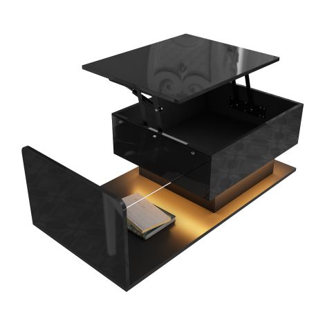 Table basse LED relevable 100x50 cm, noire brillante, rangement (1/5)