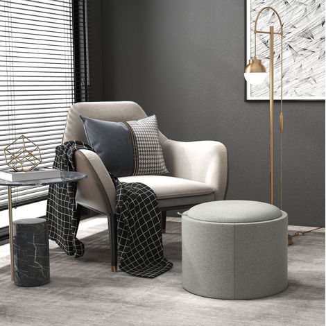 Runder Aufbewahrungs-Pouf mit Klappdeckel, Ø56 x H42 cm, Leinenoptik grau HAVRYA (1/5)