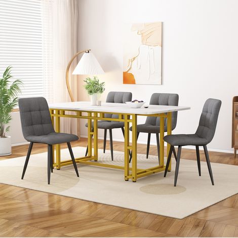 Conjunto de comedor MDF gris con 1 mesa de 120 cm y 4 sillas de lino tapizado, patas metálicas doradas (1/5)