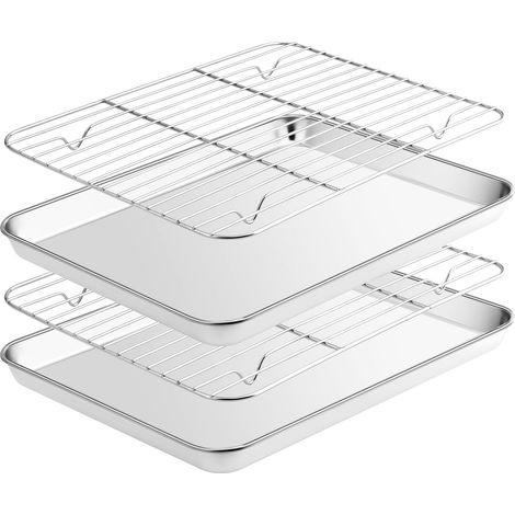 Plaque de Cuisson avec Grille de Refroidissement[2 Plaques + 2 Racks],en Acier Inoxydable avec Grille,non Toxique et Résistant et Facile à Nettoyer Passe au Lave-Vaisselle(31,5x24,5x2,5cm） (1/5)