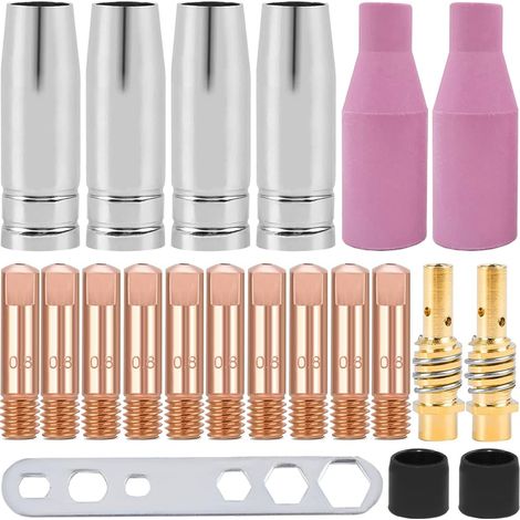MB15 Embouts de Contact de soudage, Supports d'embouts de Contact Kit d'accessoires de soudage 0,8 mm M6 Diffuseur de gaz Buse Shield Cup pour MB15 15AK MIG Torche de soudage (Lot de 21 (1/5)