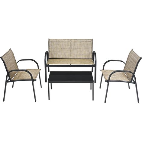 COSTWAY Set da Giardino con 4 Pezzi, Set da Giardino per Chiacchierare, Sedie da Giardino con Tavolino in Vetro, con Struttura Resistente in Ferro, Tessuto a Rete Traspirante (Marrone) (1/5)