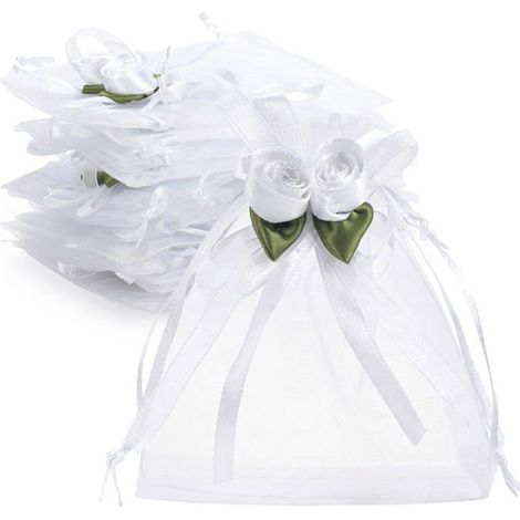 Lot de 50 sacs cadeaux en organza rose blanc avec cordon de serrage, 10,2 x 12,7 cm, sacs cadeaux pour cadeaux de mariage, petits s (1/5)