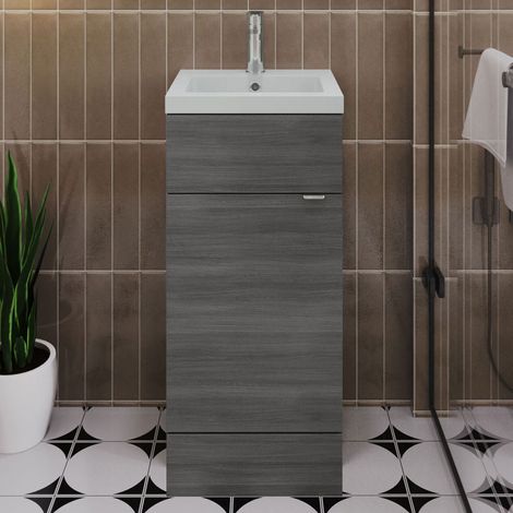 Hudson Reed Fusion Floor Standing Vanity Unit with Basin 400mm Wide - Anthracite Woodgrain (1/5)