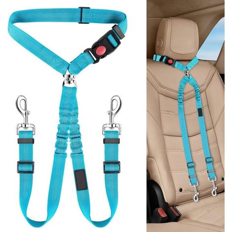 Cinturón de seguridad doble para perros, correa elástica ajustable para perros, cinturón de seguridad para 2 perros viajan juntos (azul cielo) (1/5)