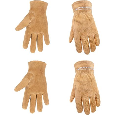 Kids Leather Working Gloves, 2 Pairs Kids Gardening Gloves, Cowhide Leather Gardening Gloves for Kids Age 2-9 Girls Boys (L (7-9 Years), Brown) (1/5)