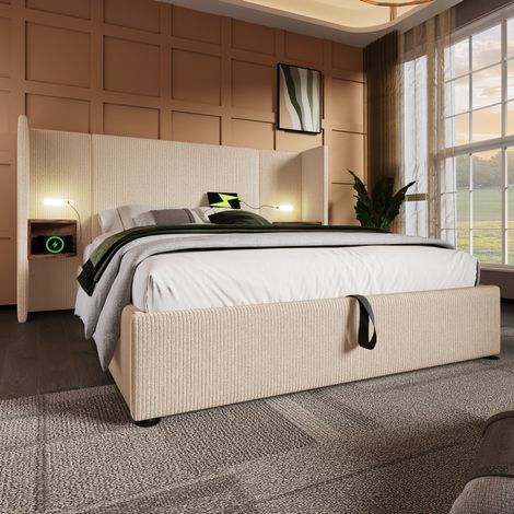 Polsterbett Cord Beige-Weiß 160x200 cm mit Stauraum, Kopfteilregal, Leselampe, USB/Type-C, Lattenrost und Matratze (1/5)