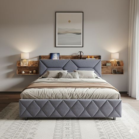 Letto 140x200 cm - letto per adulti con porte di carico - letto matrimoniale con cassetti e doghe - 140x200 cm - grigio (1/5)