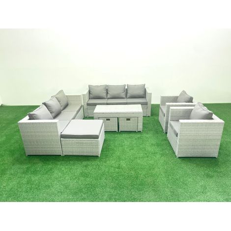 Fimous Outdoor Garden Furniture Rattan Sofa Set with 2 Armchairs Oblong Coffee Table 3 Footstools Light Grey Mixed (1/5)