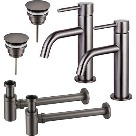 FugaFlow Eccelente Sobrado Slim Kit robinet lavabo - pour double vasque - robinet bas - bonde non-obturable - siphon design bas - Gunmetal PVD (1/4)