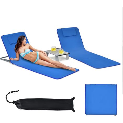 GOPLUS Ensemble de 2 Chaises de Plage a 5 Positions et Table Basse, 2 Chaises de Plage avec Appuie-tetes, Table d’Appoint Portable, Conception Pliable, Peu Encombrants, Tapis Bain de Soleil (Bleu) (1/5)